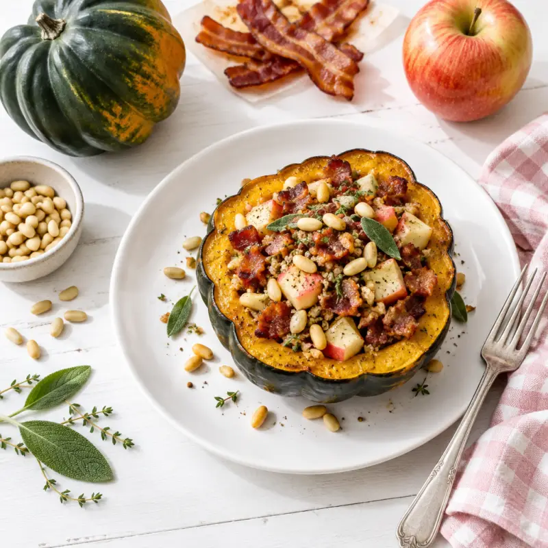 Stuffed Acorn Squash with Apple & Bacon, plated