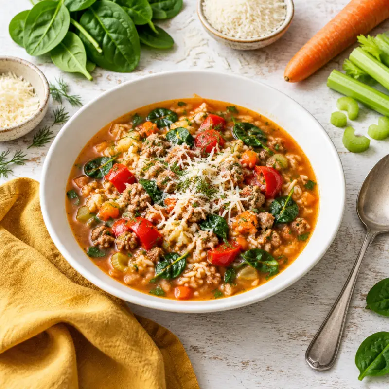 "Stuffed Bell Pepper" Soup with Turkey, Rice, Spinach, Dill & Parmesan, plated