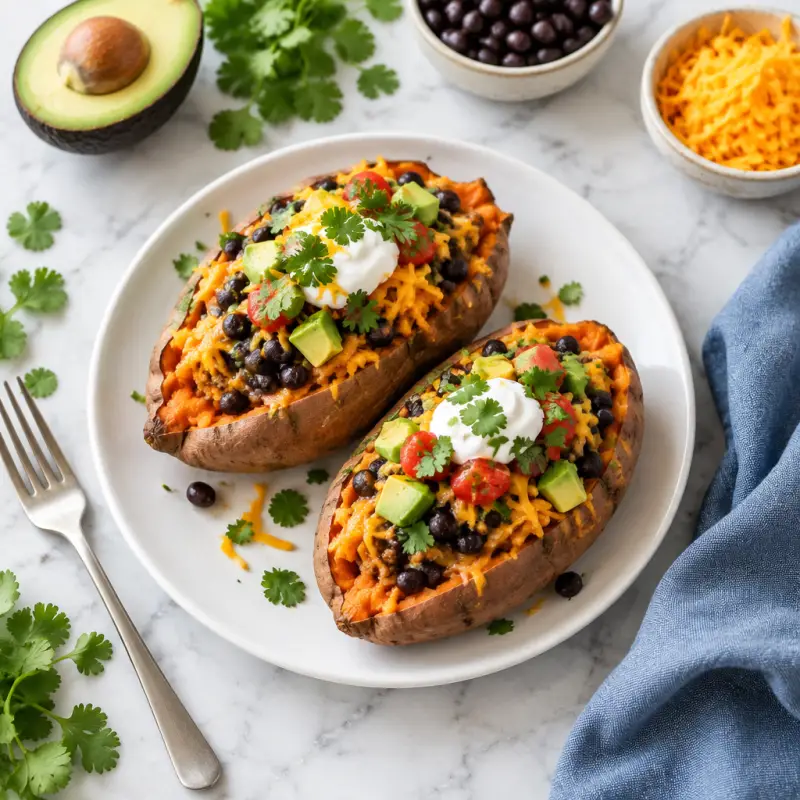 Stuffed Mexican Sweet Potatoes, plated