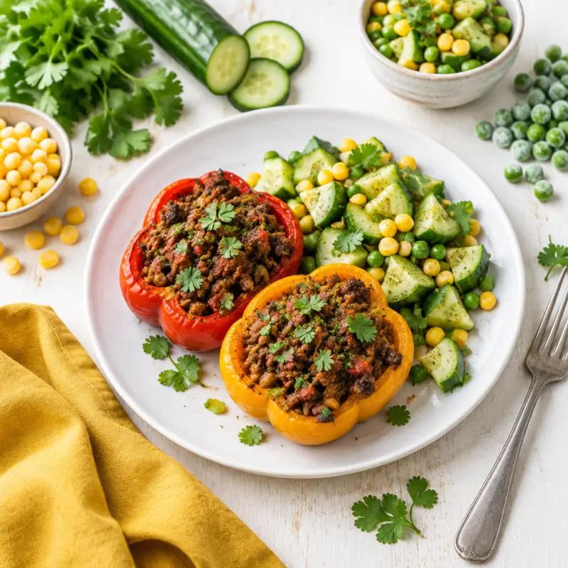 Stuffed Peppers with Spiced Indian Beef & Cucumber-Corn Salad, plated
