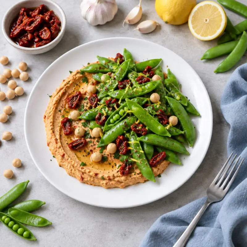 Sugar Snap Peas with Sun-Dried Tomato Hummus, plated