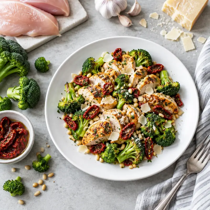 Sun-Dried Tomato Chicken with Broccoli, Pine Nuts & Parmesan, plated