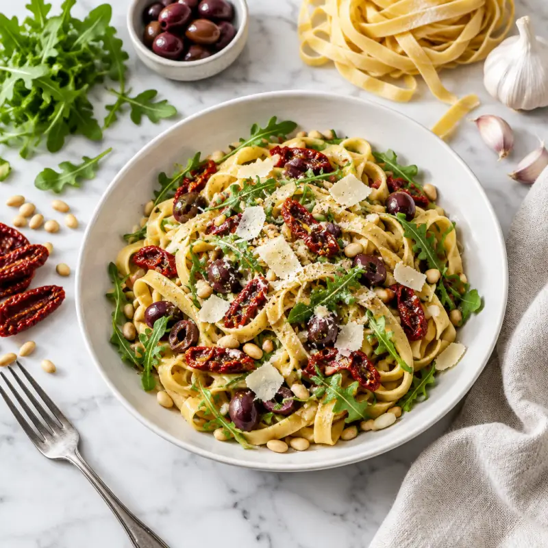 Sun-Dried Tomato Fettuccine with Olives, Pine Nuts, Arugula & Parmesan, plated