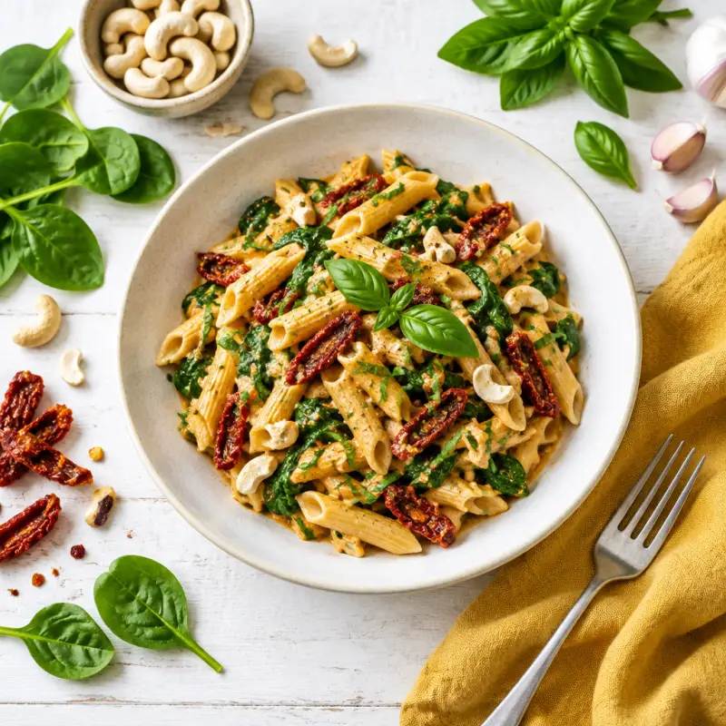 Sun-Dried Tomato Pasta with Spinach & Fresh Basil, plated