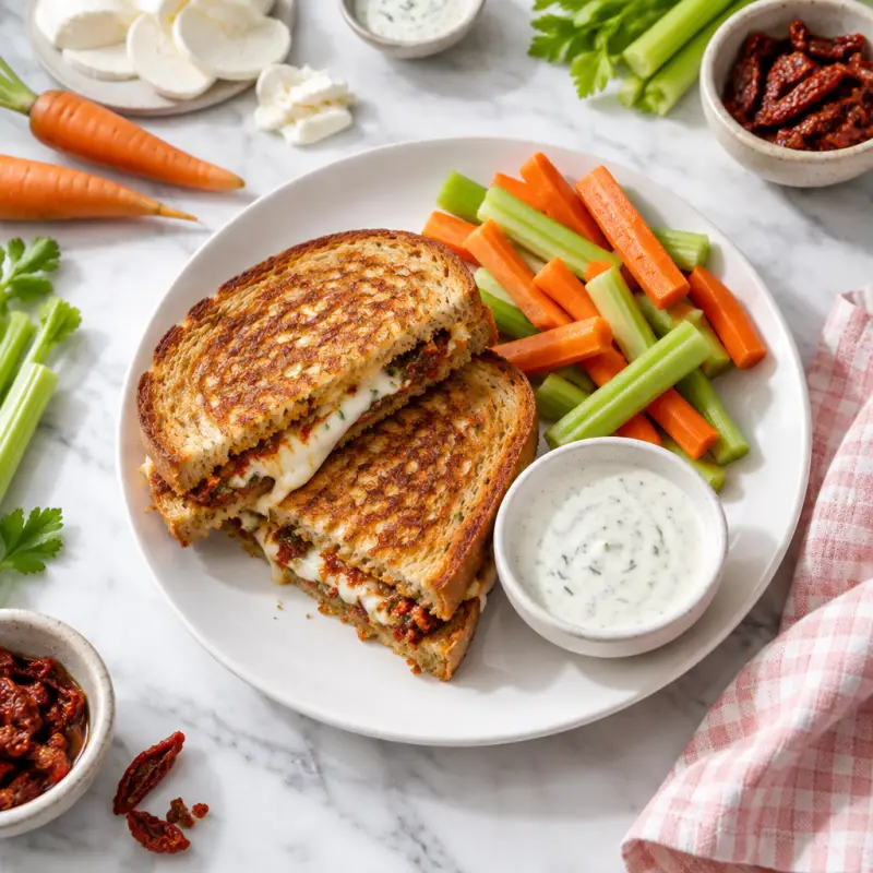 Sun-Dried Tomato Pesto Grilled Cheese with Veggie Sticks & Ranch, plated