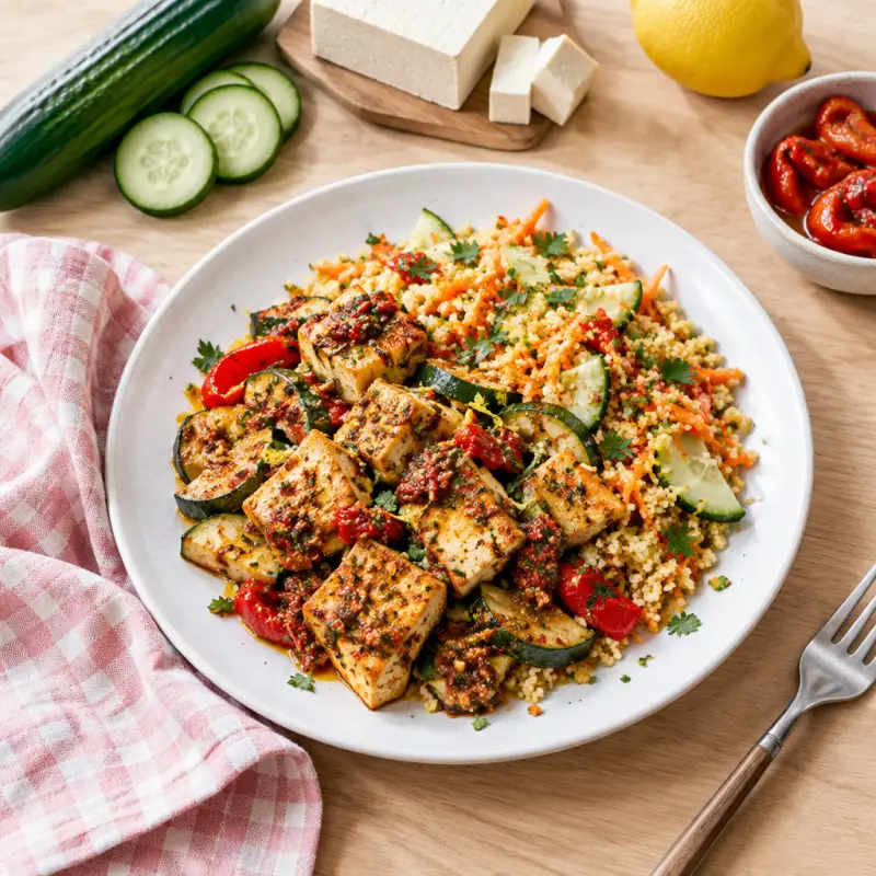 Sun-Dried Tomato Pesto Tofu with Zucchini, Couscous & Carrot Salad, plated