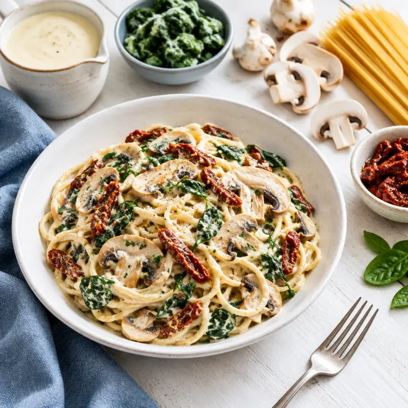 Sun-Dried Tomato Spaghetti Alfredo with Spinach & Mushrooms, plated