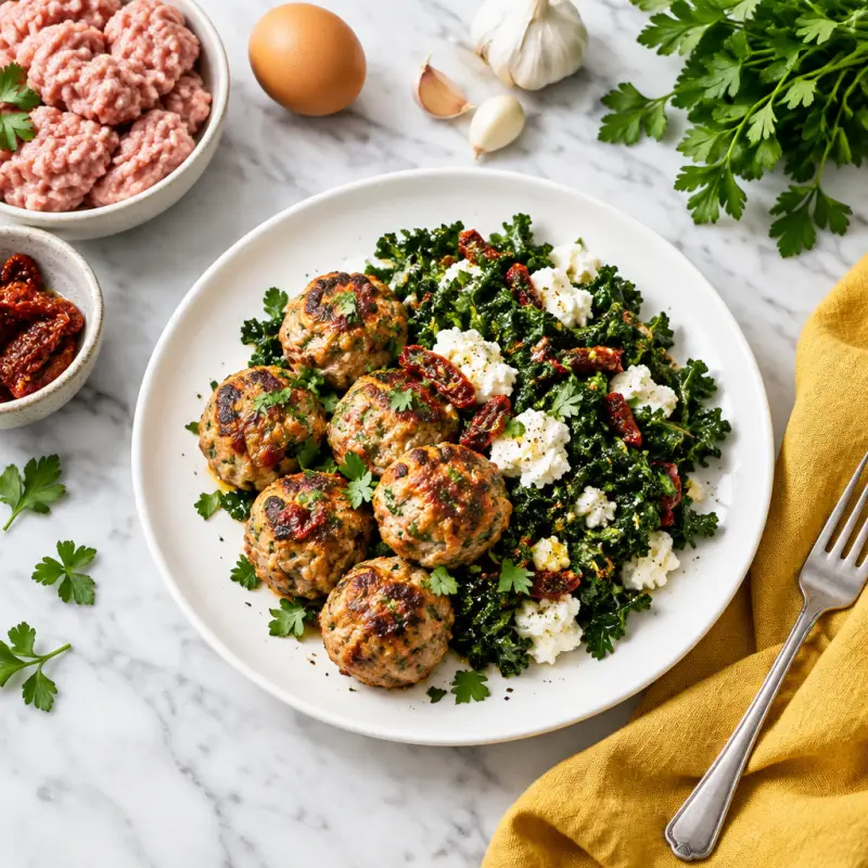 Sun-Dried Tomato Turkey Meatballs with Sautéed Garlicky Kale & Ricotta, plated