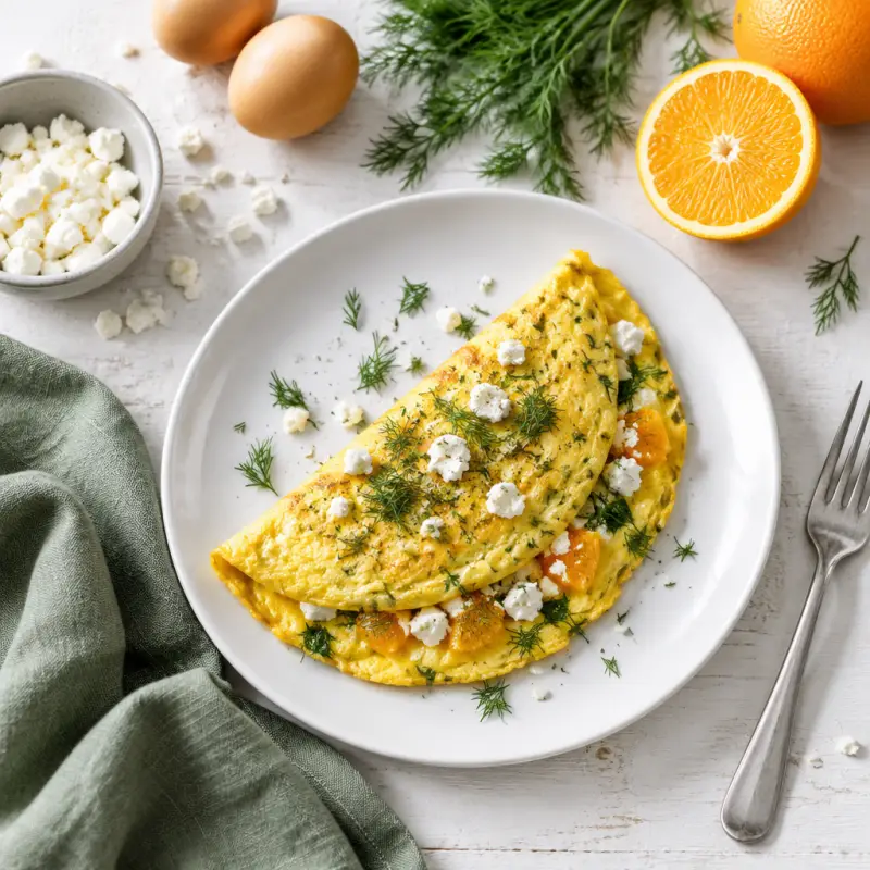 Sunrise Omelet with Feta & Dill, plated