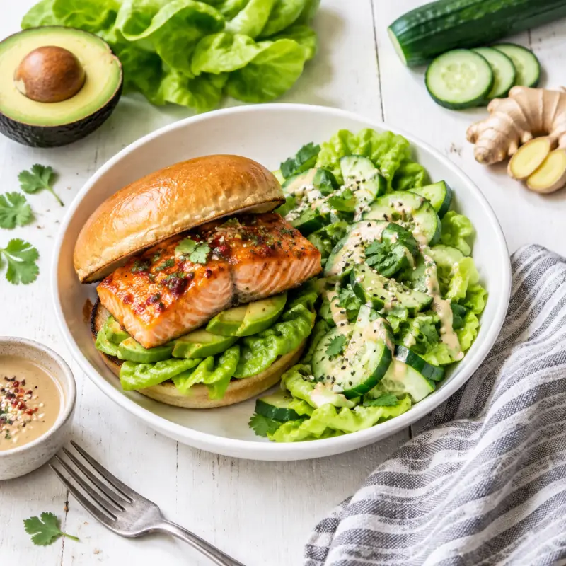 Sweet Chili Salmon Sandwich with Avocado & Ginger-Tahini Dressed Salad, plated