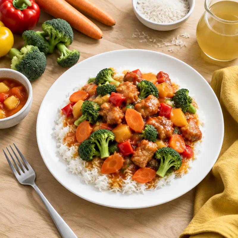 Sweet 'n' Sour Pork with Broccoli, Carrot & Bell Pepper over Rice, plated