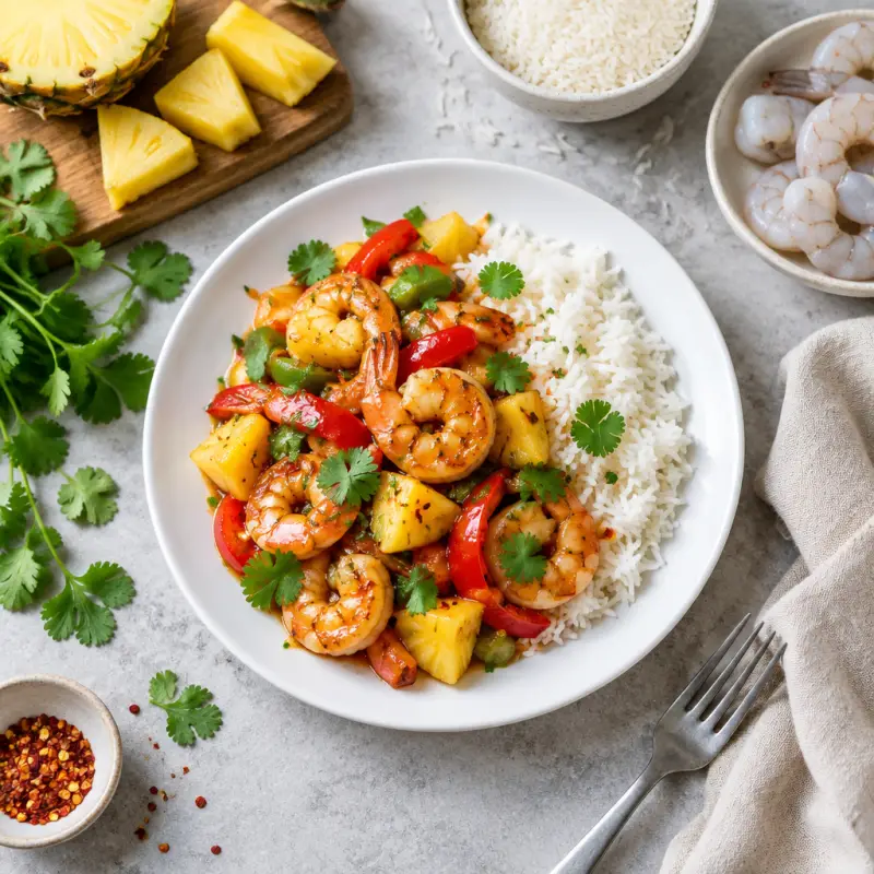 Sweet 'n' Spicy Shrimp Stir-Fry with Pineapple, Bell Pepper & Rice, plated