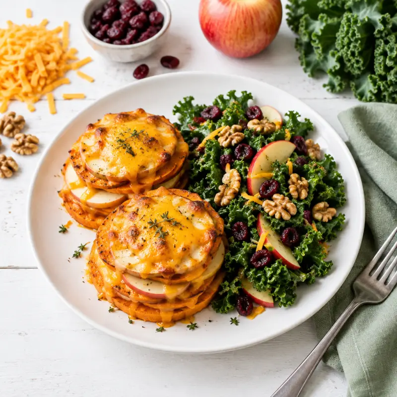Sweet Potato-Apple Gratin Stacks with Kale, Walnut & Cranberry Salad, plated