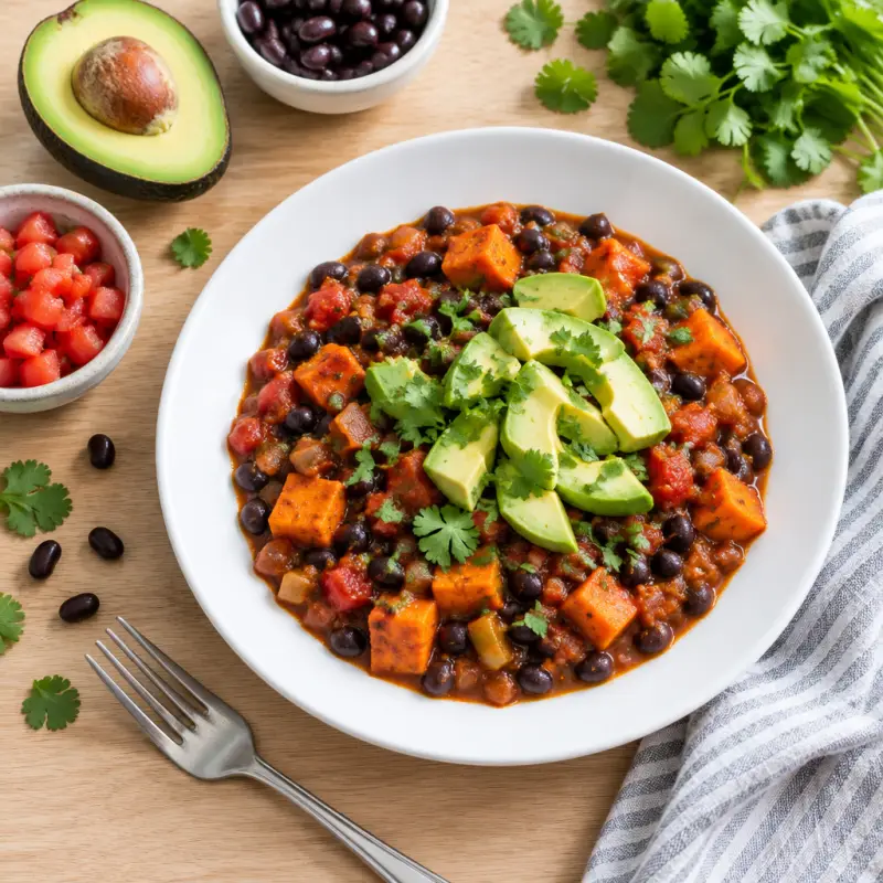 Sweet Potato & Black Bean Chili with Avocado, plated