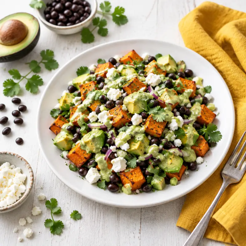Sweet Potato & Black Bean Salad with Avocado Dressing & Feta, plated