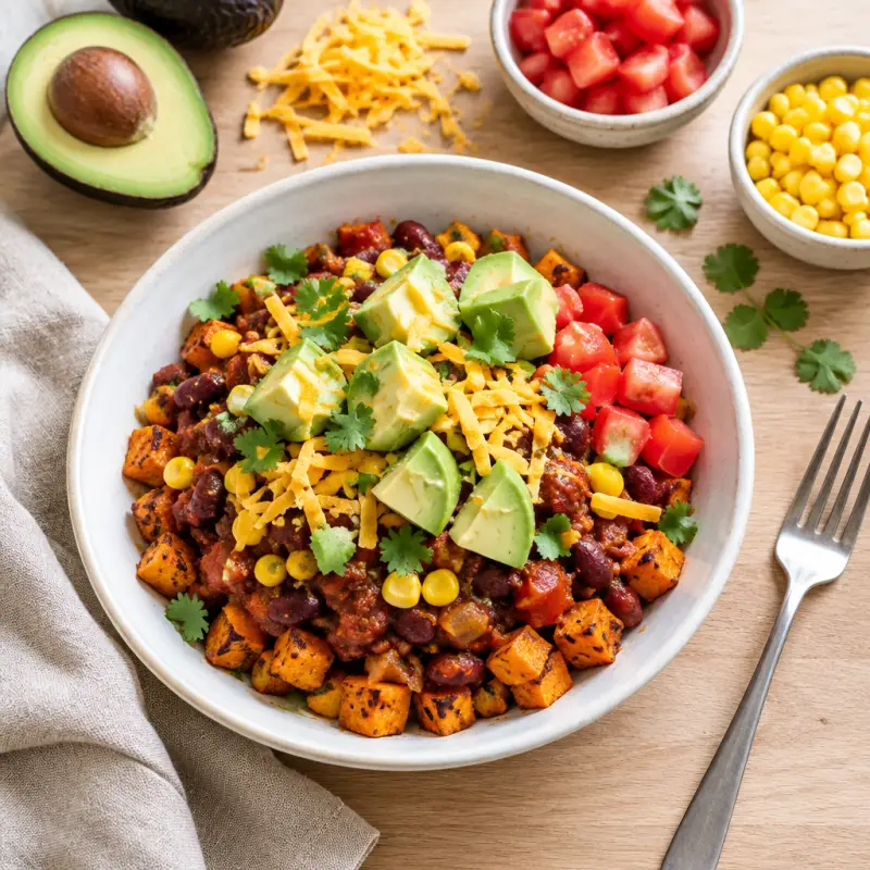 Sweet Potato Burrito Bowl with Kidney Bean Chili, Cheddar & Avocado, plated