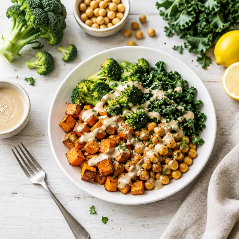 Sweet Potato Chickpea Bowls with Maple-Tahini Sauce, plated
