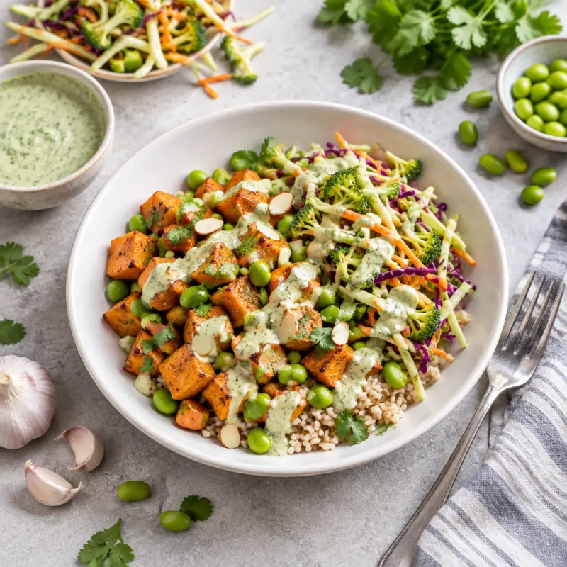 Sweet Potato-Edamame Rice Bowl with Broccoli Slaw & Almond-Lime Sauce, plated