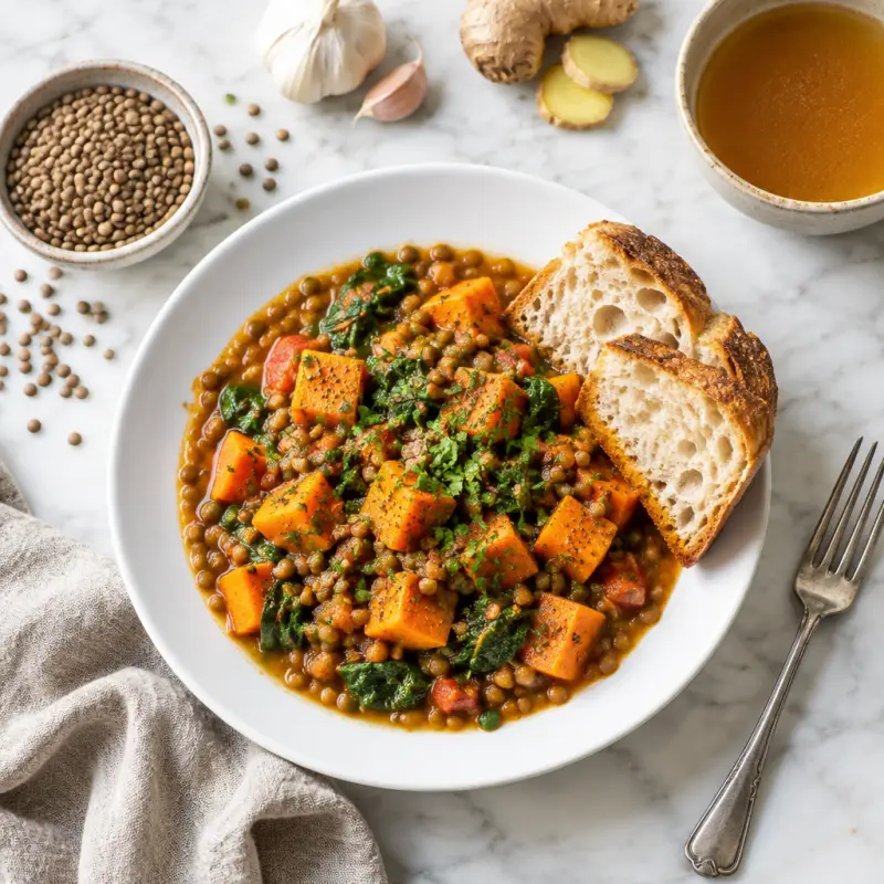 Sweet Potato & Lentil Stew with Crusty Bread, plated