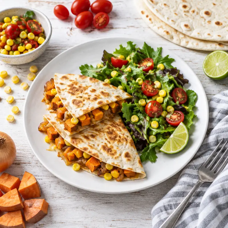 Sweet Potato-Onion Quesadilla with Corn, Tomato & Lime Mixed Greens, plated