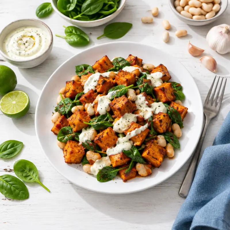 Sweet Potato "Patatas Bravas" with Spinach, Beans & Garlic Aioli, plated