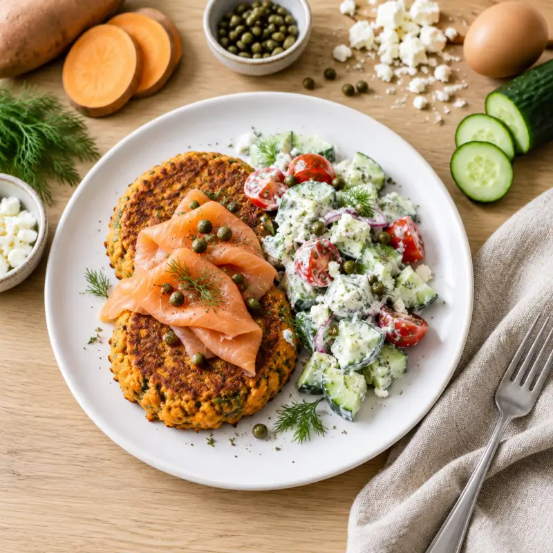 Sweet Potato Patties with Smoked Salmon & Creamy Greek Salad, plated