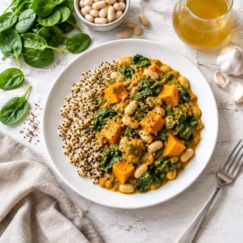 Sweet Potato, Spinach & White Bean Curry with Quinoa, plated