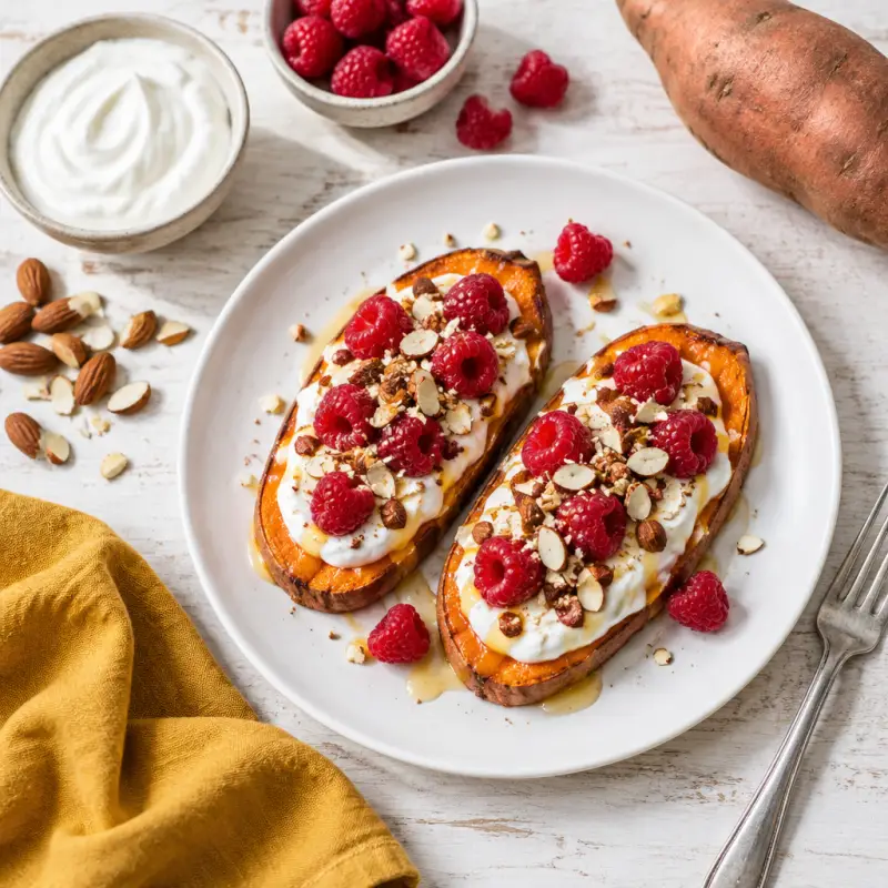 Sweet Potato "Toast" with Greek Yogurt & Raspberries, plated