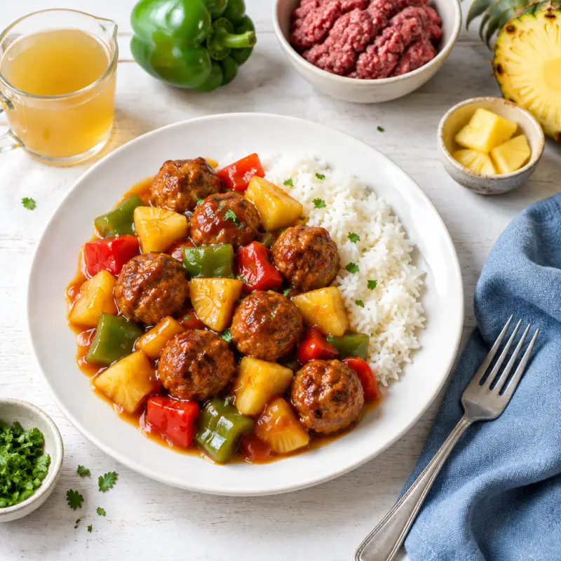 Sweet & Sour Meatballs with Pineapple & Bell Pepper, plated