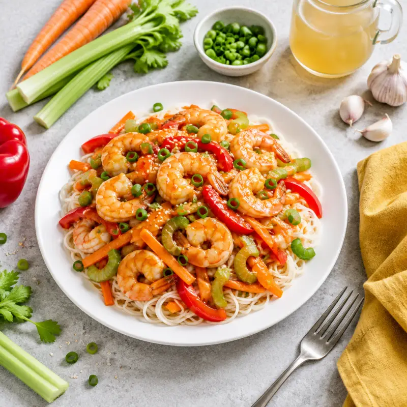 Sweet & Sour Shrimp with Rice Noodles, Carrots and Peppers, plated