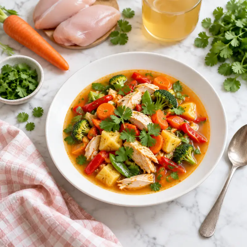 Sweet & Sour Thai Chicken Vegetable Soup, plated