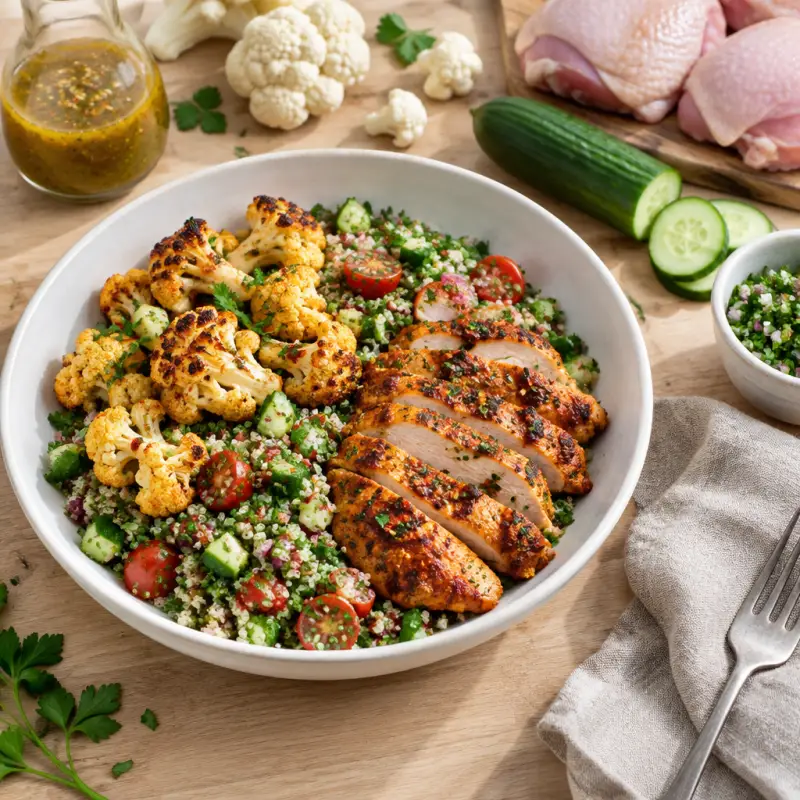 Tabbouleh-Style Quinoa Bowl with Chili Roasted Chicken & Cauliflower, plated