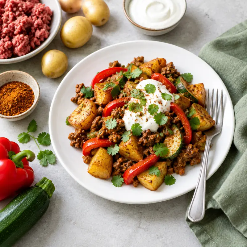 Taco Beef, Potato, Zucchini & Bell Pepper Bake with Yogurt, plated