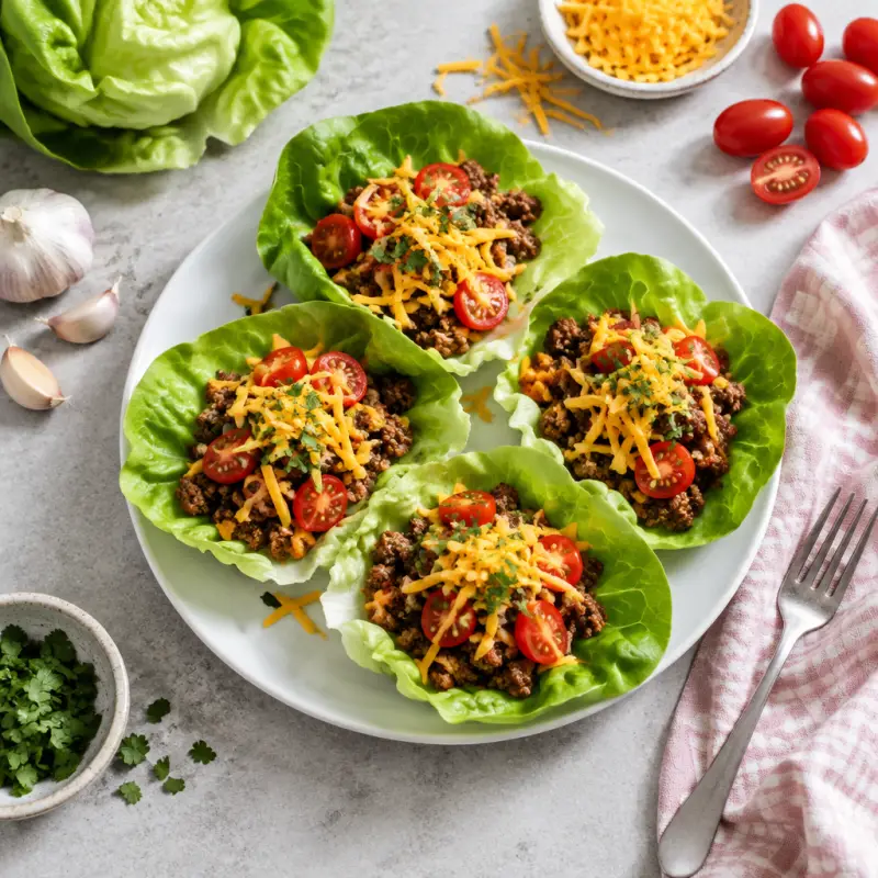 Taco Lettuce Wraps with Cheddar, plated