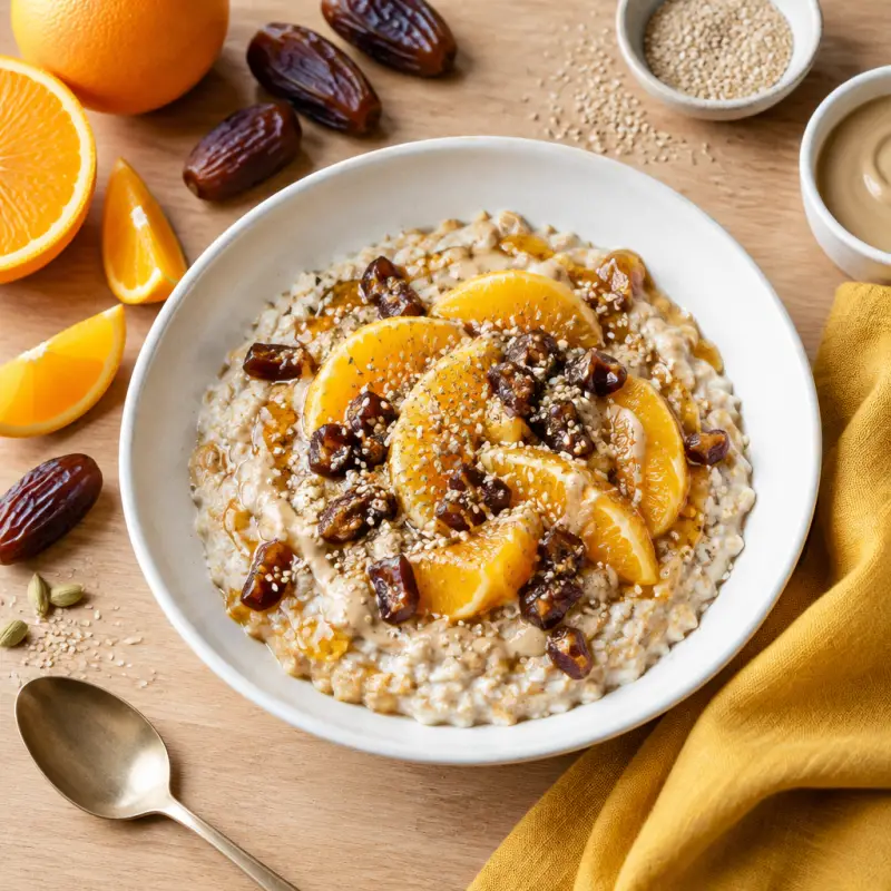 Tahini-Cardamom Oatmeal with Oranges, Dates, Sesame Seeds & Honey, plated