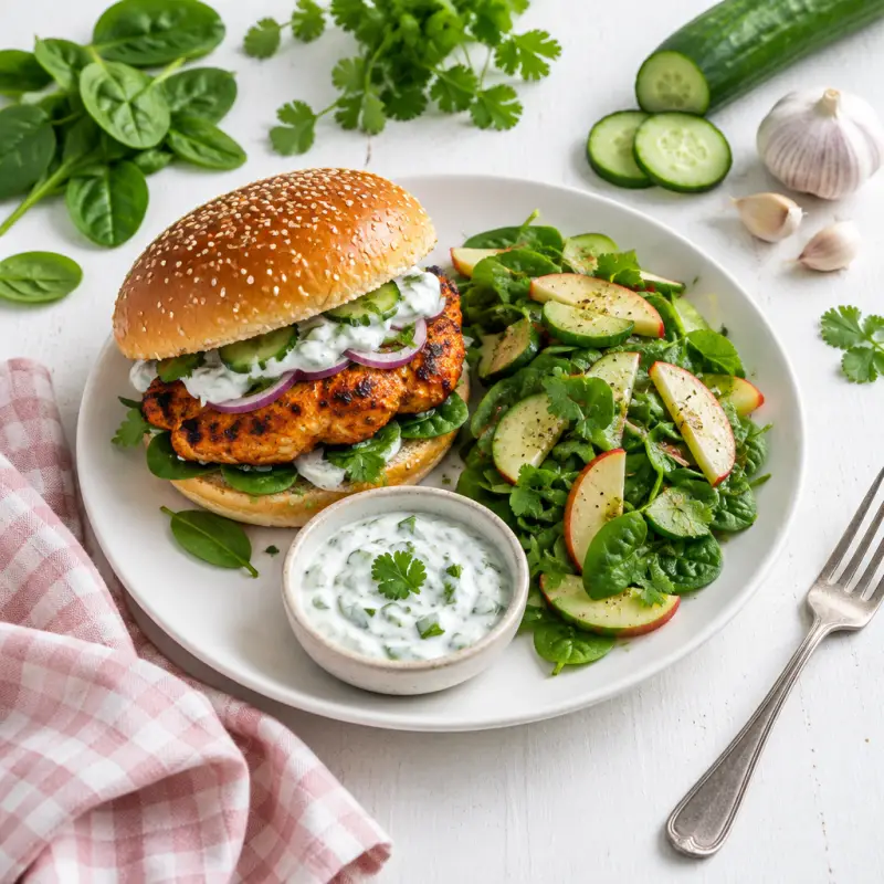 Tandoori Chicken Burger with Cucumber Raita & Spinach-Apple Salad, plated