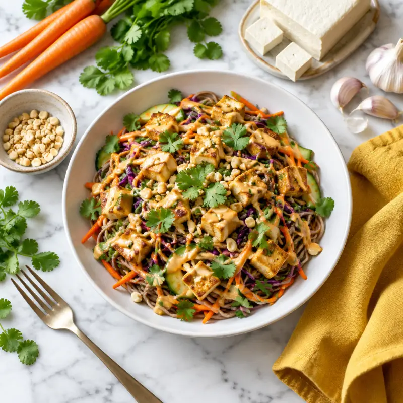 Tangy Peanut Soba Noodle Salad with Crispy Tofu, plated
