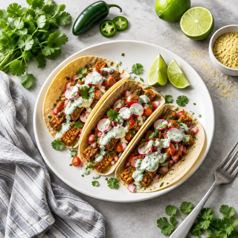 Tempeh Tacos with Tomato-Radish Salsa & Cilantro Lime Aioli, plated