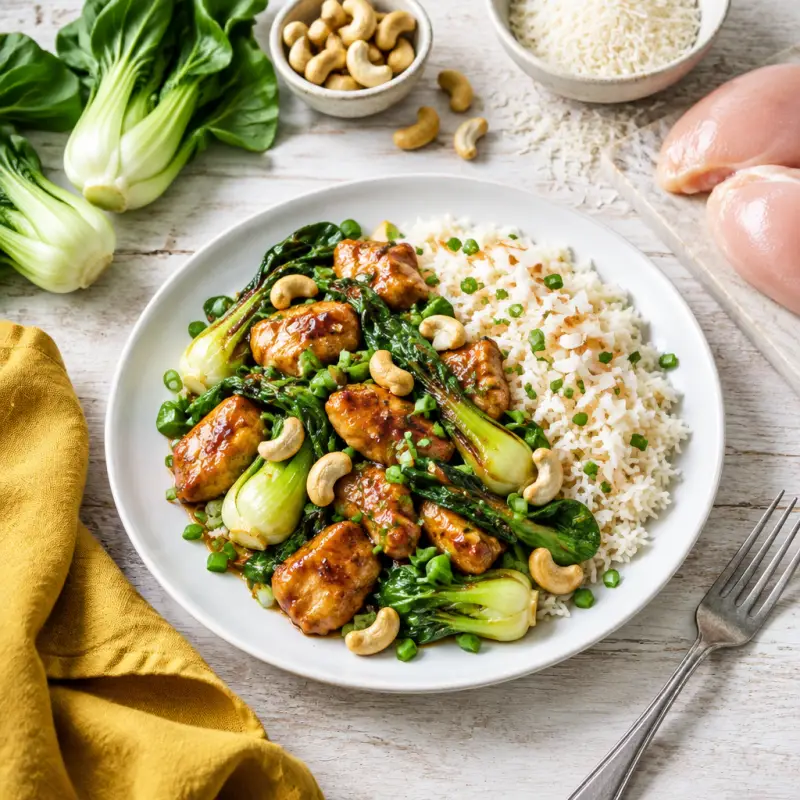 Teriyaki Chicken with Bok Choy, Cashews & Coconut Rice, plated