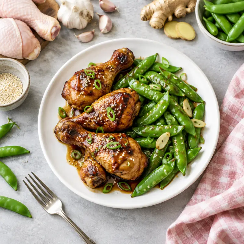 Teriyaki Chicken Drumsticks with Sautéed Sugar Snap Peas, plated