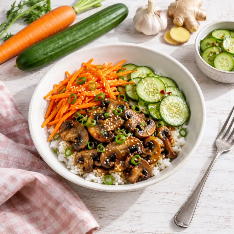 Teriyaki Mushroom  Bowl with Carrots & Quick Pickled Cucumbers, plated