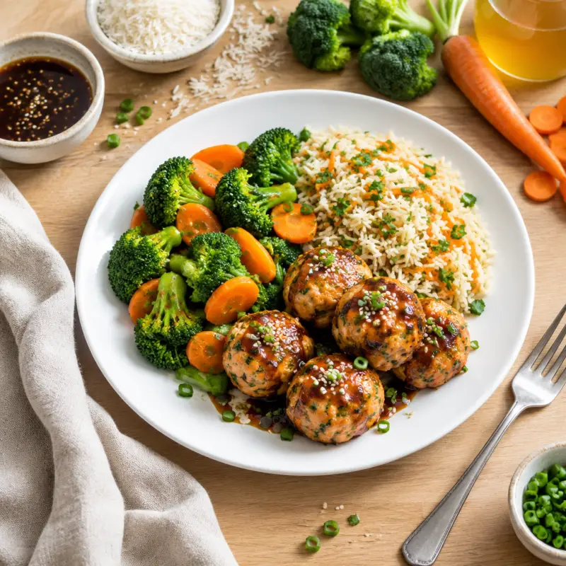 Teriyaki Salmon Meatballs with Broccoli, Carrot & Rice Pilaf, plated