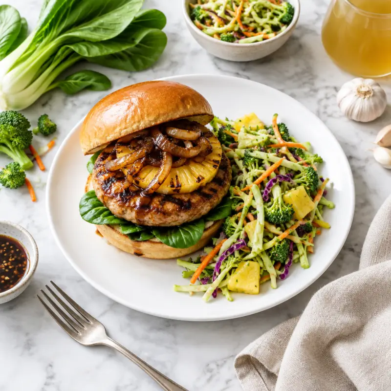 Teriyaki Turkey Burger with Grilled Onions & Pineapple-Broccoli Slaw, plated