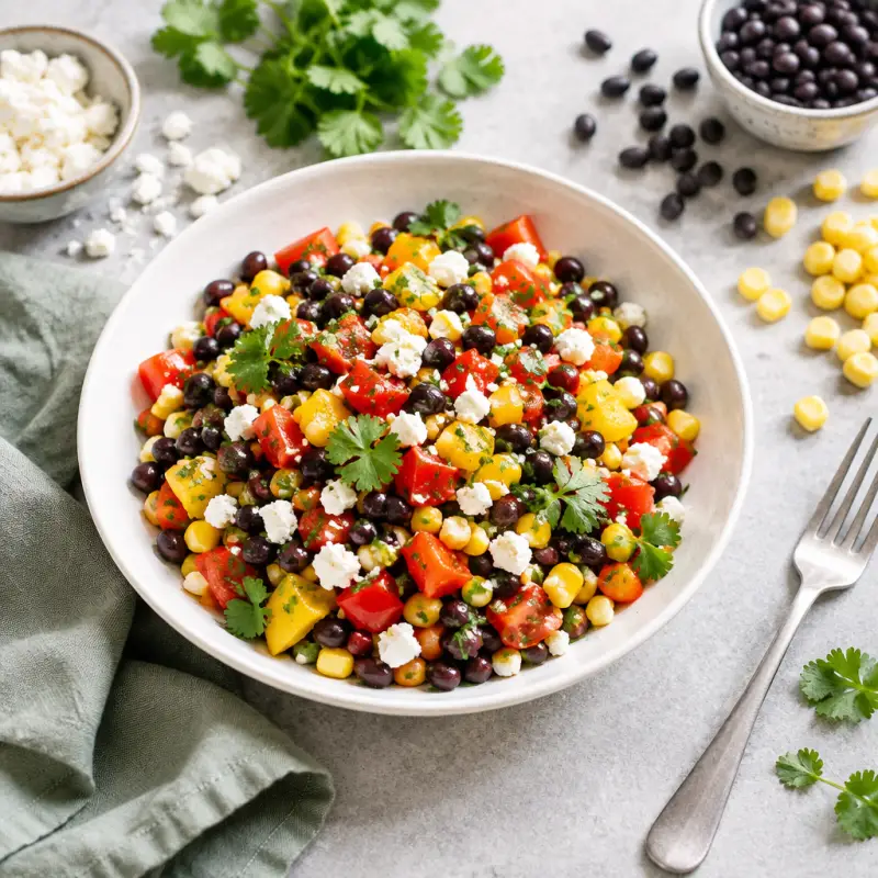 Tex-Mex Black Bean Salad with Tomato, Corn, Bell Pepper & Feta, plated