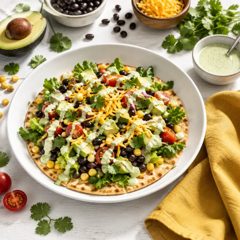 Tex-Mex Salad Flatbread with Beans, Corn & Avocado Ranch Dressing, plated