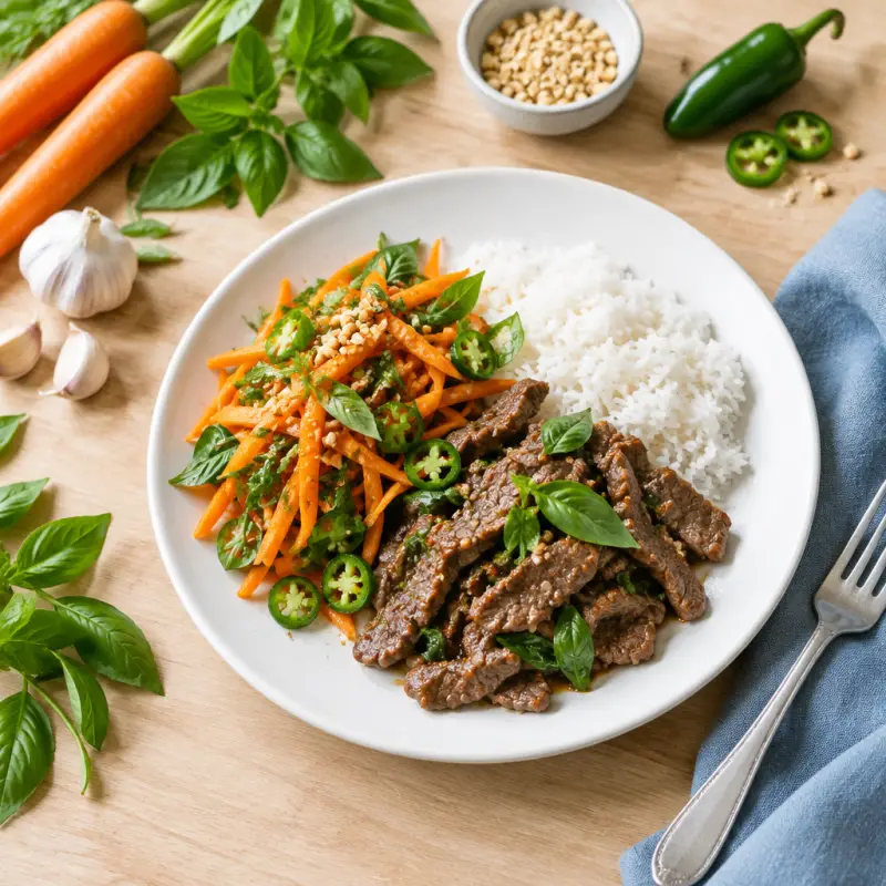 Thai Beef with Carrot-Basil Salad & Jasmine Rice, plated
