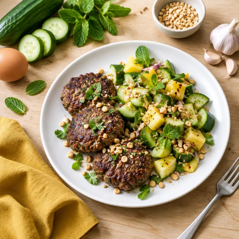 Thai Beef Patties with Minty Pineapple-Cucumber Salad & Peanuts, plated