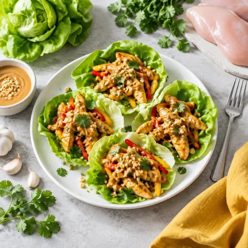 Thai Chicken & Bell Pepper Lettuce Wraps with Peanut Sauce, plated