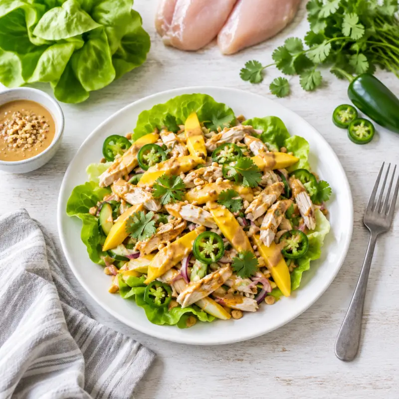 Thai Chicken & Mango Salad with Jalapeño-Peanut Dressing, plated
