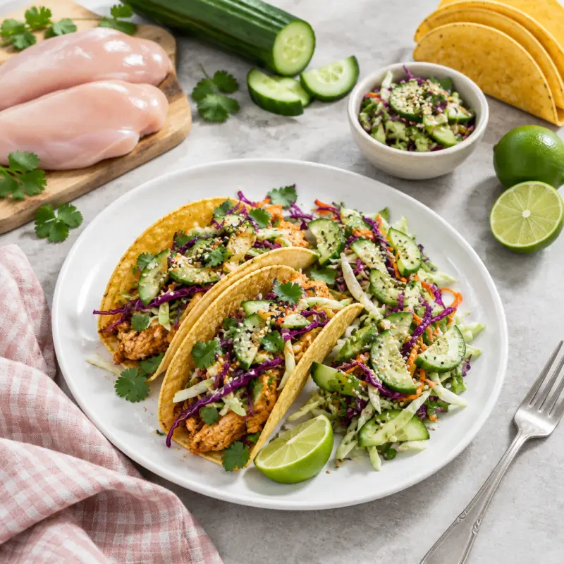 Thai Chicken Tacos with Sesame-Ginger Cucumber & Cabbage Salad, plated